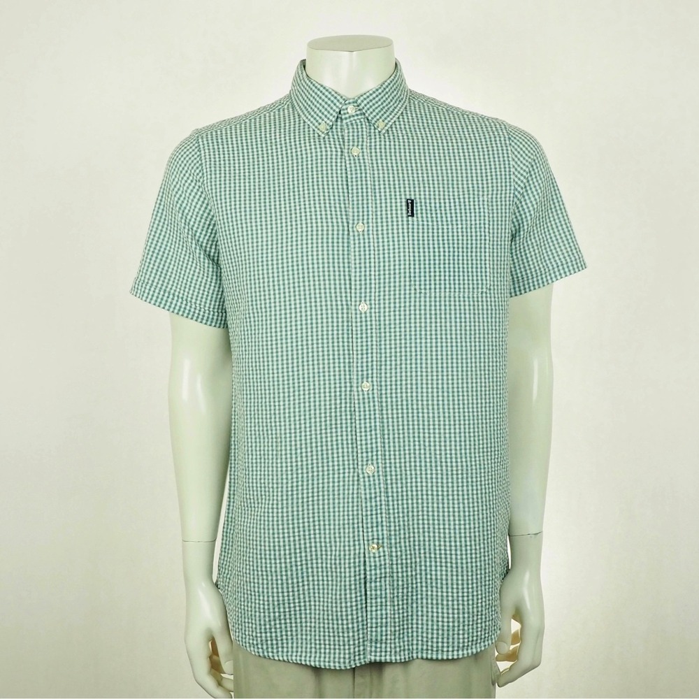 Barbour Seersucker Button Down Shirt Mens Medium Green Plaid Blend Tailored Fit